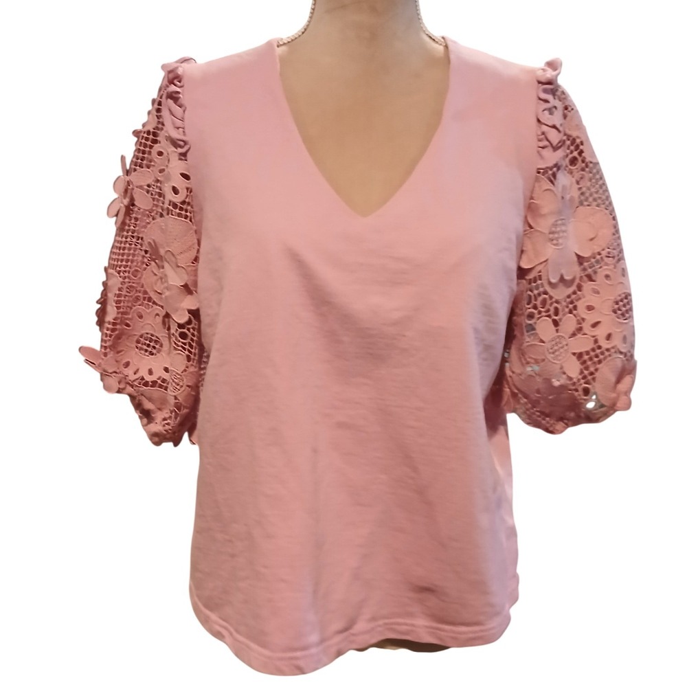 Umgee USA Pink Floral Crochet Lace Puff Sleeve V-Neck Knit Top Womens Medium